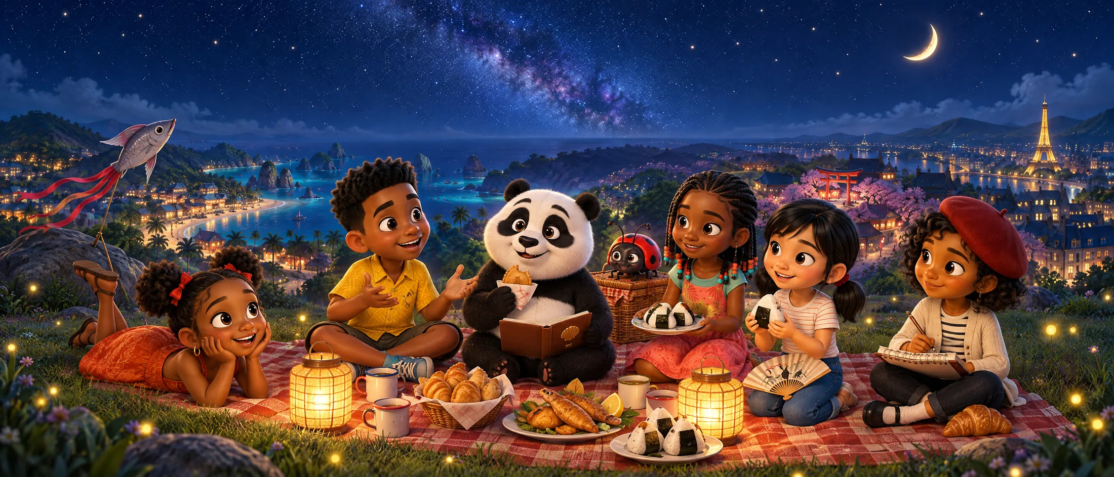Boopy, Rosie, Kai, Nia, Emi, Zaria and Colette sharing a night picnic on a cliff under the stars, with doubles, onigiri, flying fish and croissants